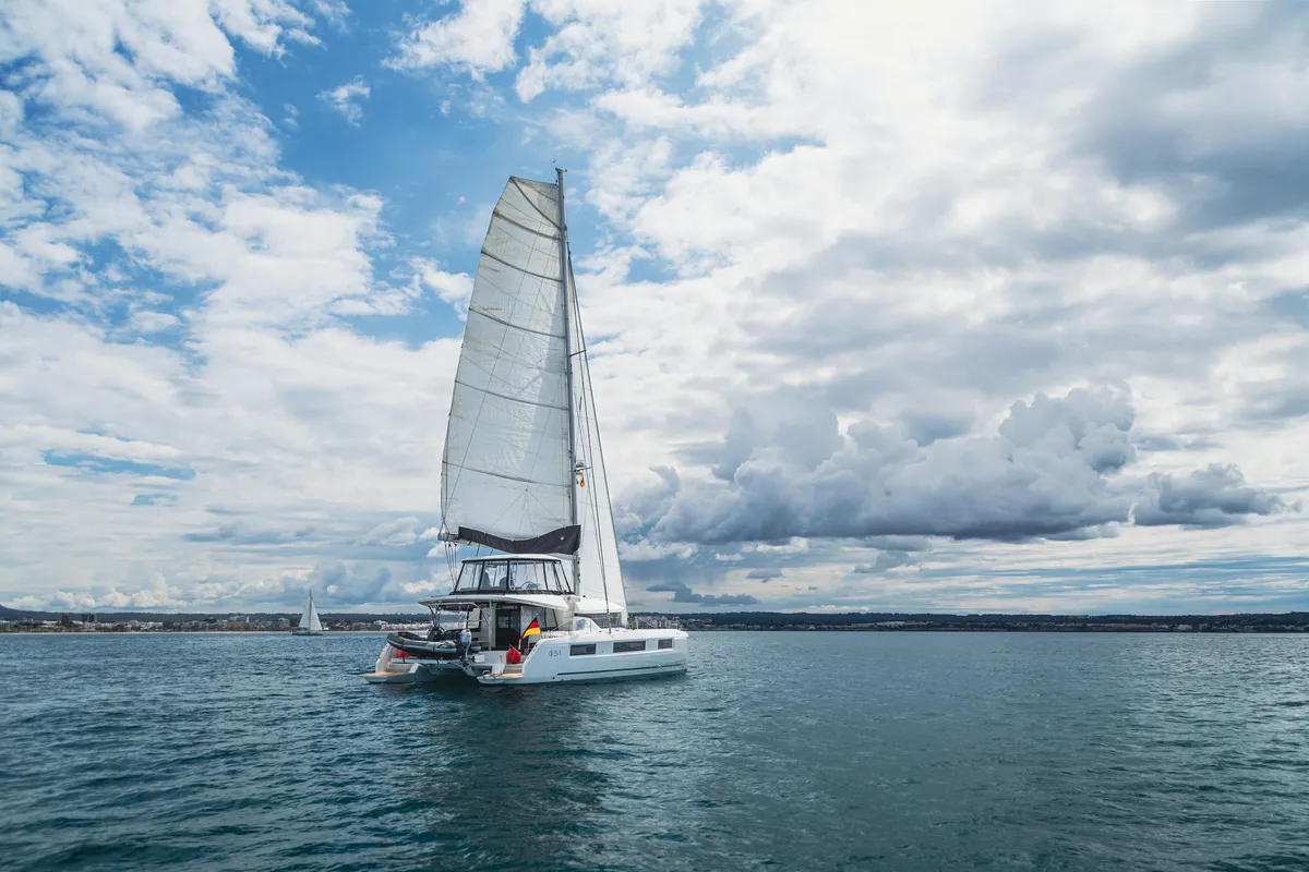 Exterior view of Selanja, a Lagoon 51 OW catamaran at Palma de Mallorca, Spain