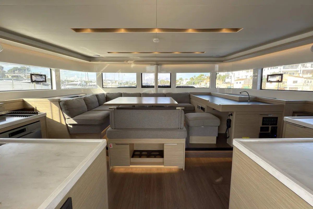 Salon of Selanja, a Lagoon 51 OW catamaran at Palma de Mallorca, Spain
