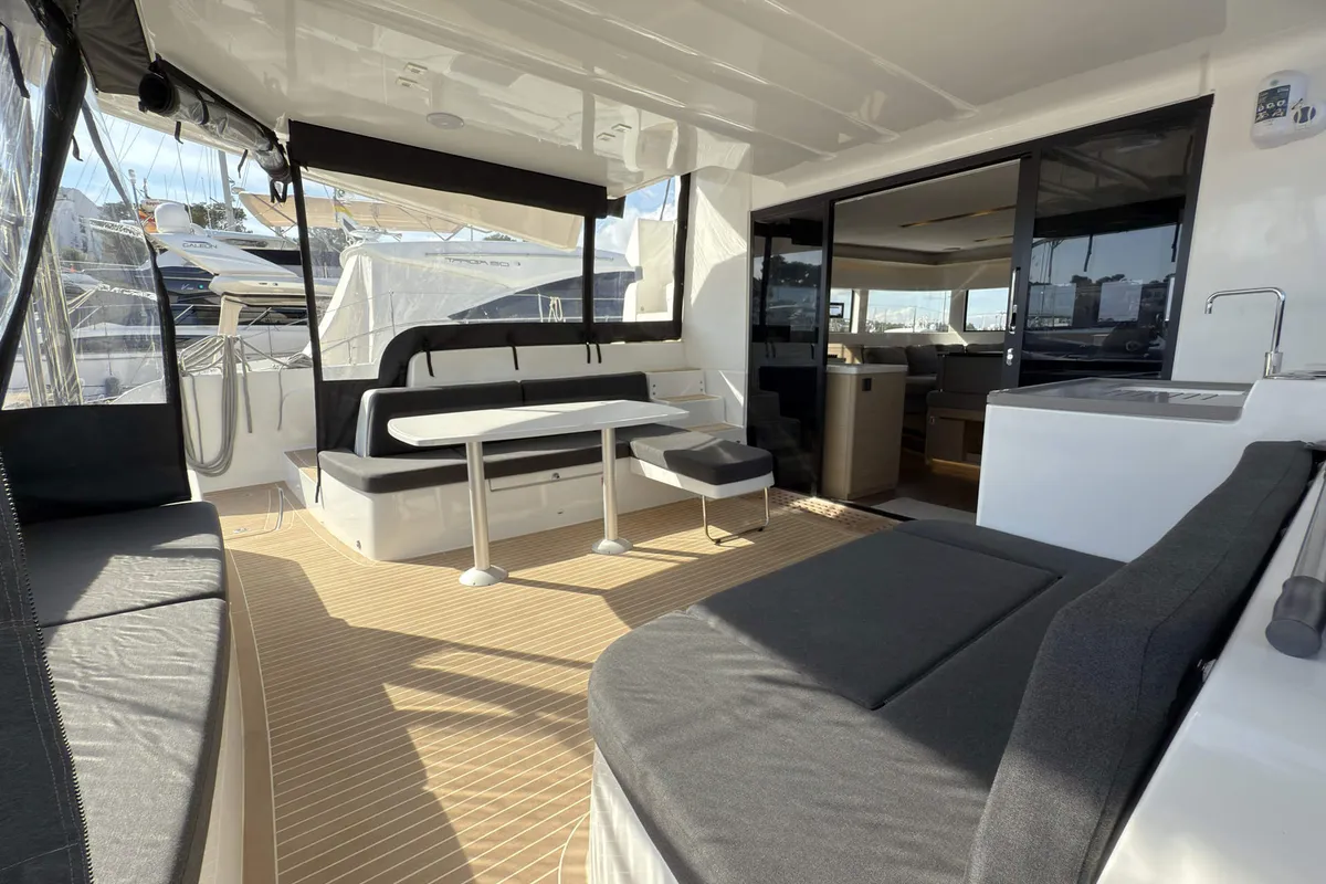 Deck of Selanja, a Lagoon 51 OW catamaran at Palma de Mallorca, Spain
