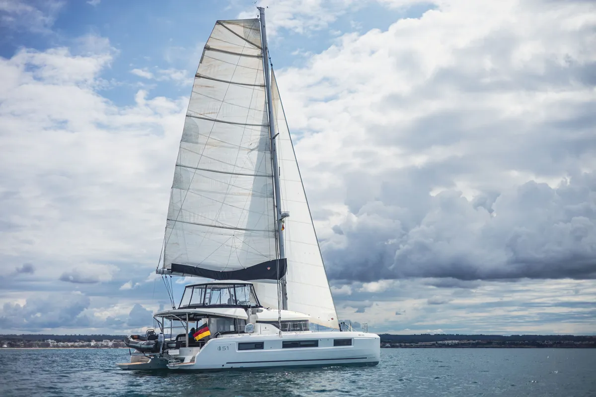 Exterior view of Selanja, a Lagoon 51 OW catamaran at Palma de Mallorca, Spain