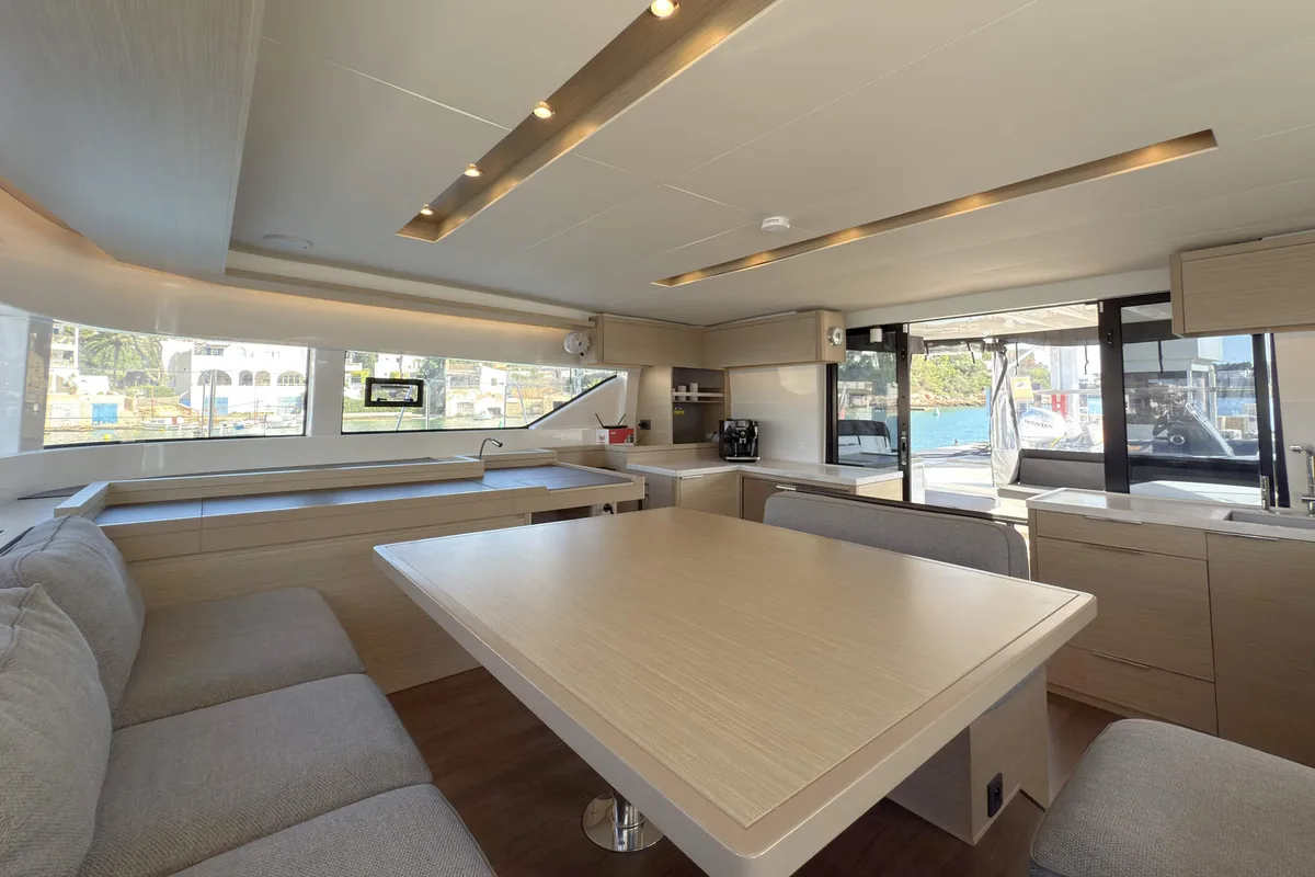 Salon of Selanja, a Lagoon 51 OW catamaran at Palma de Mallorca, Spain