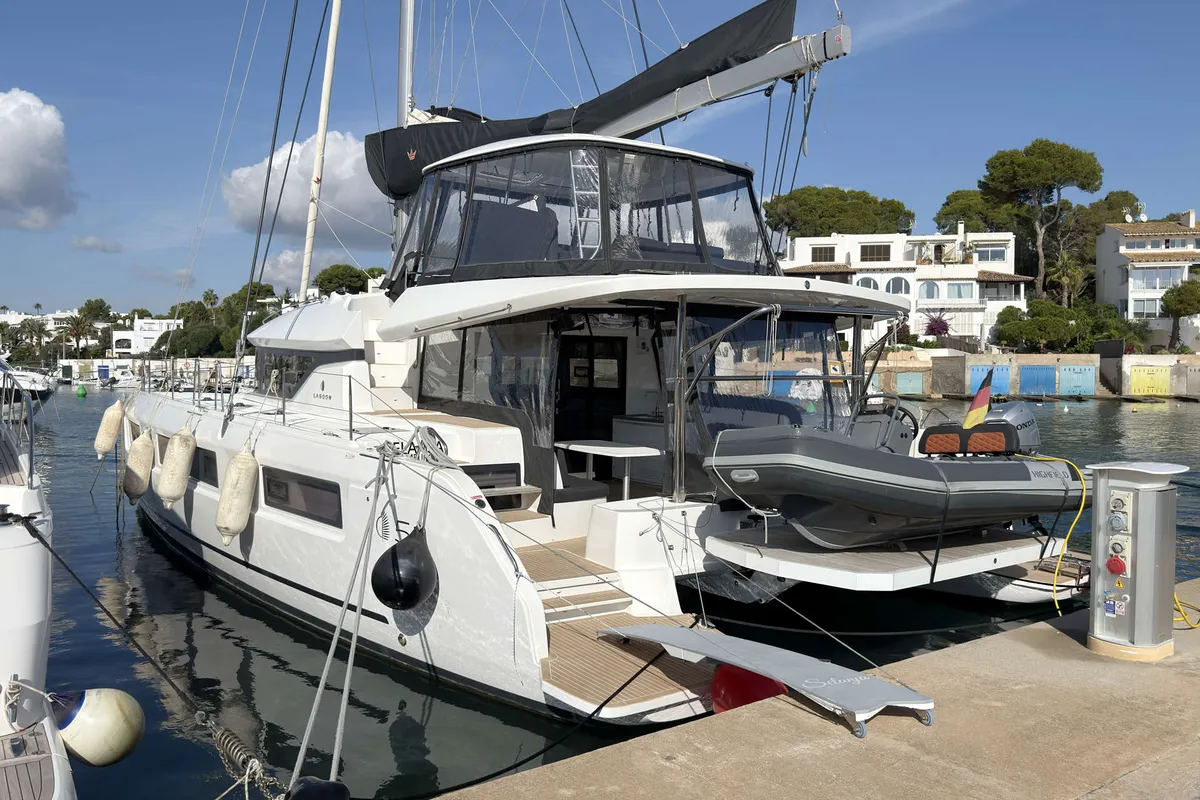 Exterior view of Selanja, a Lagoon 51 OW catamaran at Palma de Mallorca, Spain