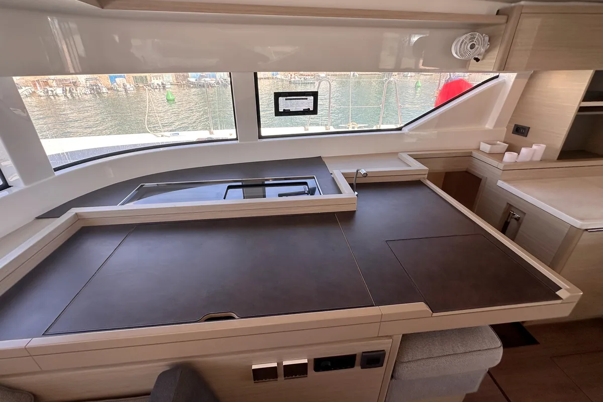 Salon of Selanja, a Lagoon 51 OW catamaran at Palma de Mallorca, Spain