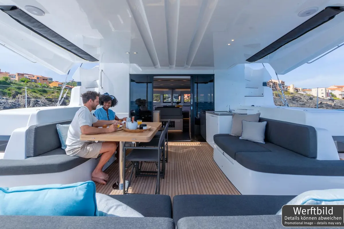 Deck of Selanja, a Lagoon 51 OW catamaran at Palma de Mallorca, Spain