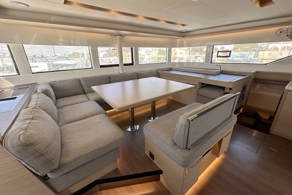 Salon of Selanja, a Lagoon 51 OW catamaran at Palma de Mallorca, Spain