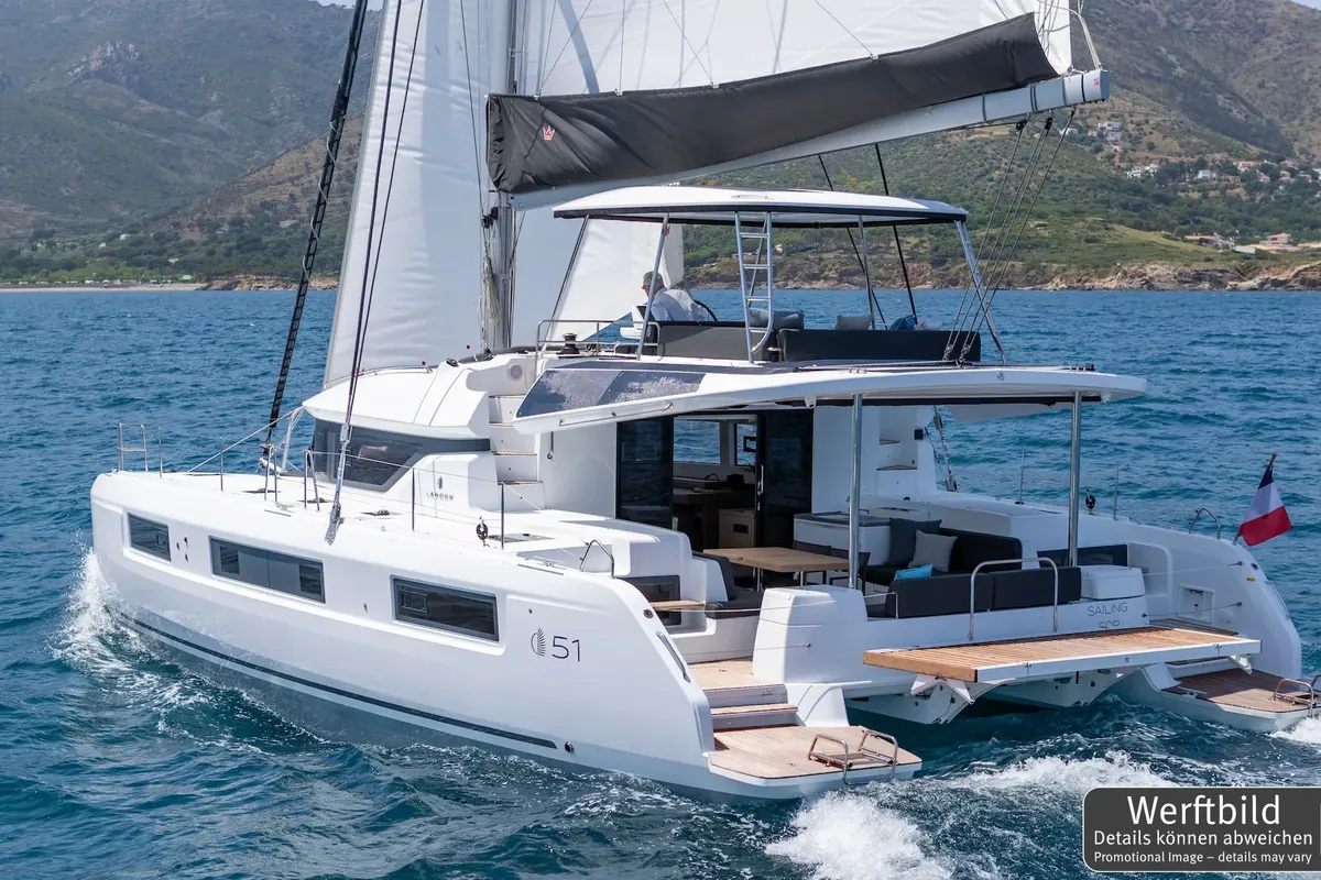 Exterior view of Selanja, a Lagoon 51 OW catamaran at Palma de Mallorca, Spain