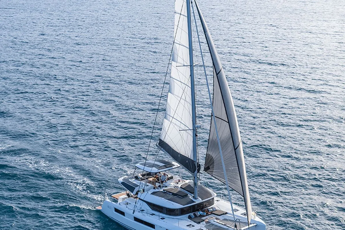 Exterior view of Selanja, a Lagoon 51 OW catamaran at Palma de Mallorca, Spain