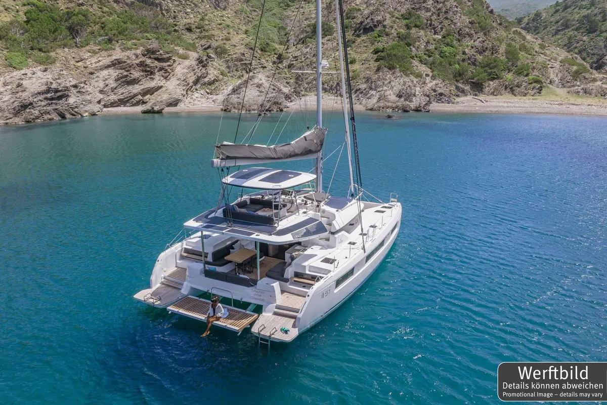 Exterior view of Selanja, a Lagoon 51 OW catamaran at Palma de Mallorca, Spain