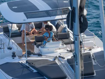 Cockpit of Selanja, a Lagoon 51 OW catamaran at Palma de Mallorca, Spain