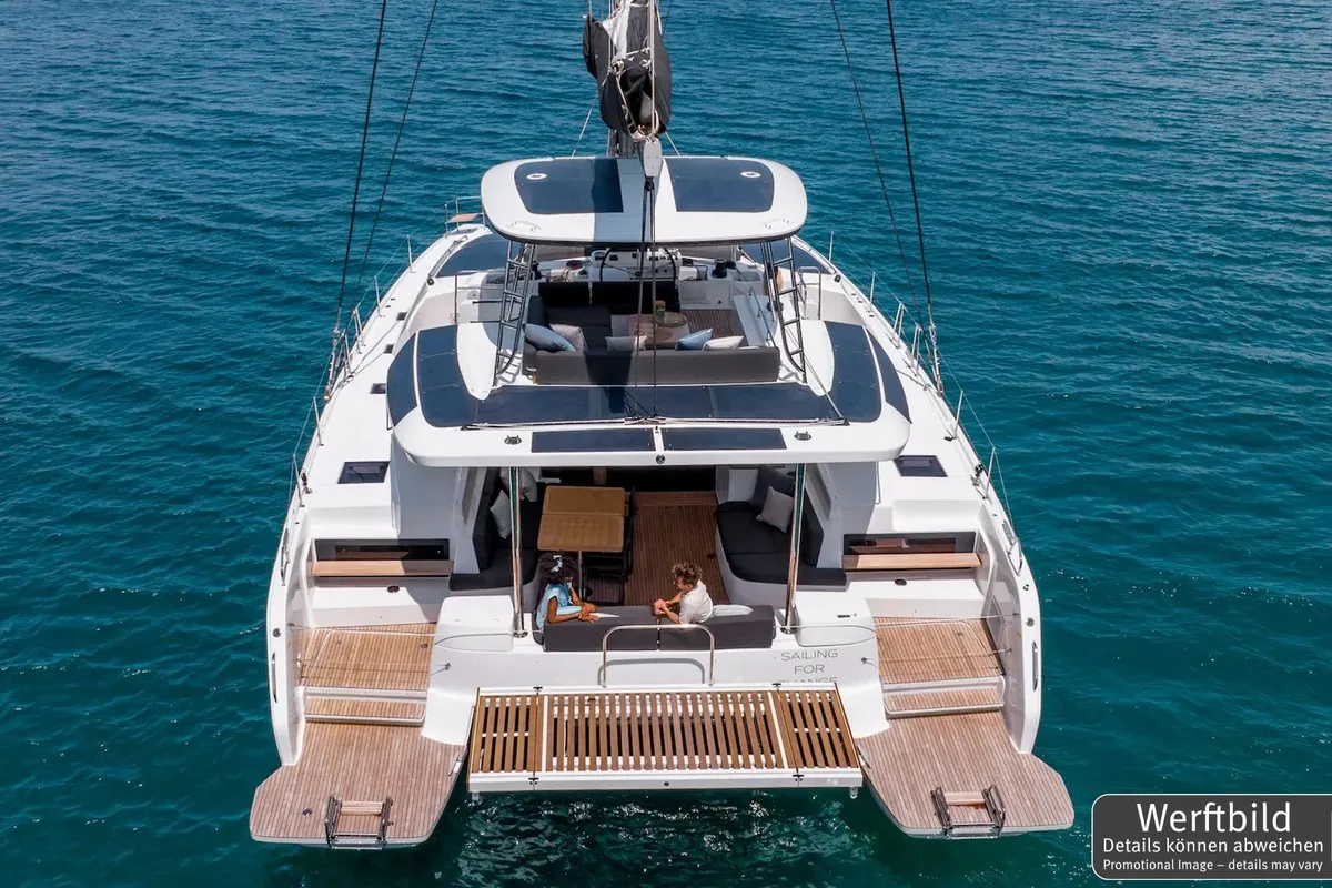 Exterior view of Selanja, a Lagoon 51 OW catamaran at Palma de Mallorca, Spain