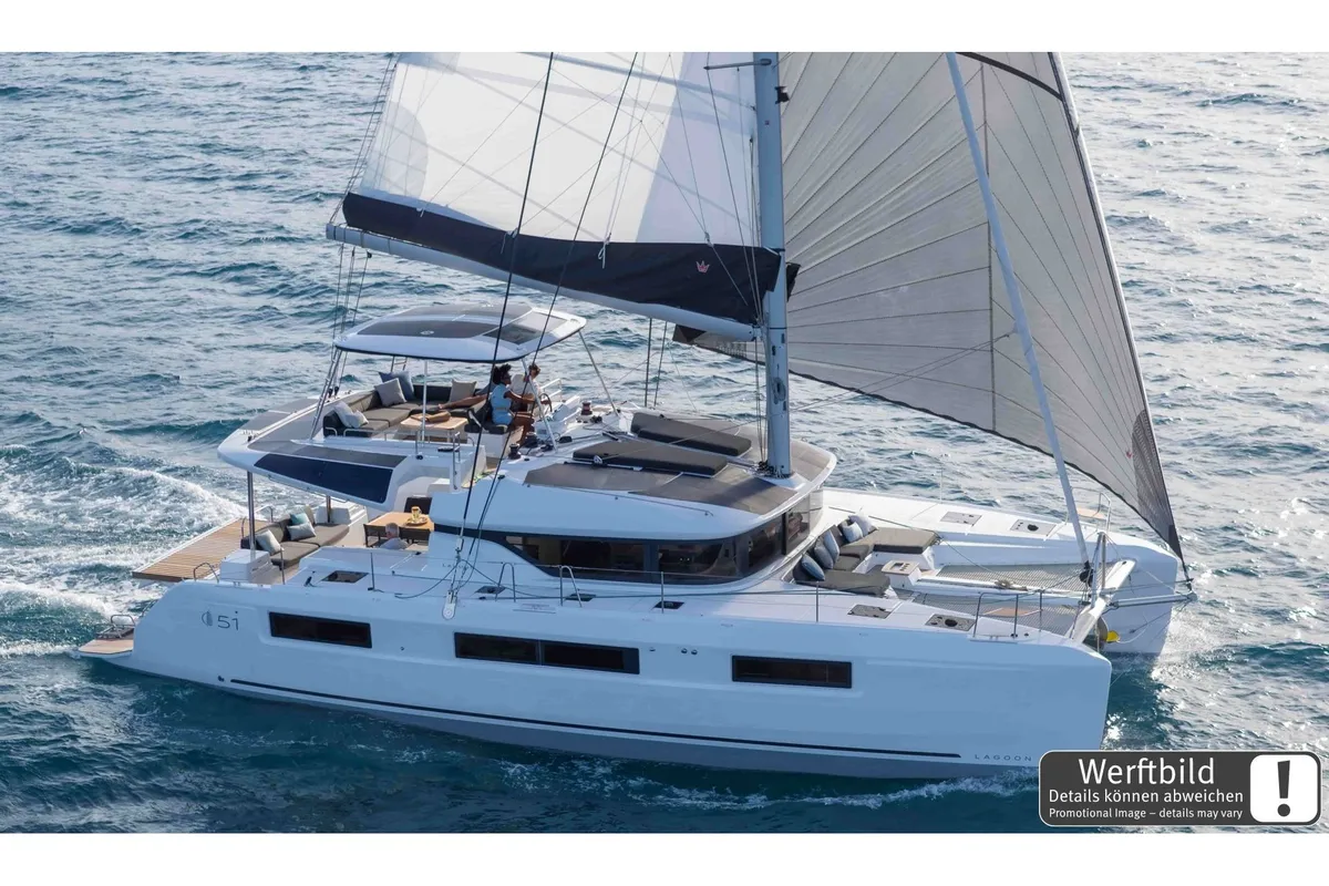 Exterior view of Selanja, a Lagoon 51 OW catamaran at Palma de Mallorca, Spain