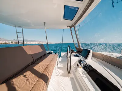 Cockpit of Mary Grace II, a Lagoon 46 catamaran at Athens, Greece