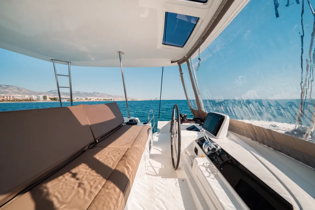 Cockpit of Mary Grace II, a Lagoon 46 catamaran at Athens, Greece
