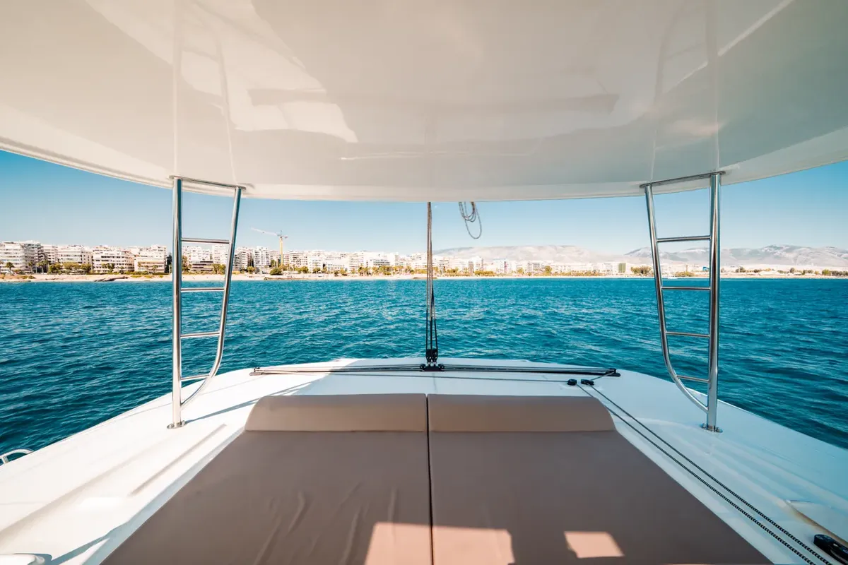 Deck of Mary Grace II, a Lagoon 46 catamaran at Athens, Greece