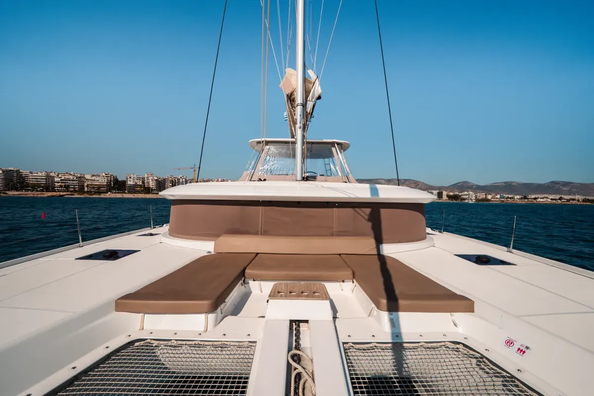 Deck of Mary Grace II, a Lagoon 46 catamaran at Athens, Greece