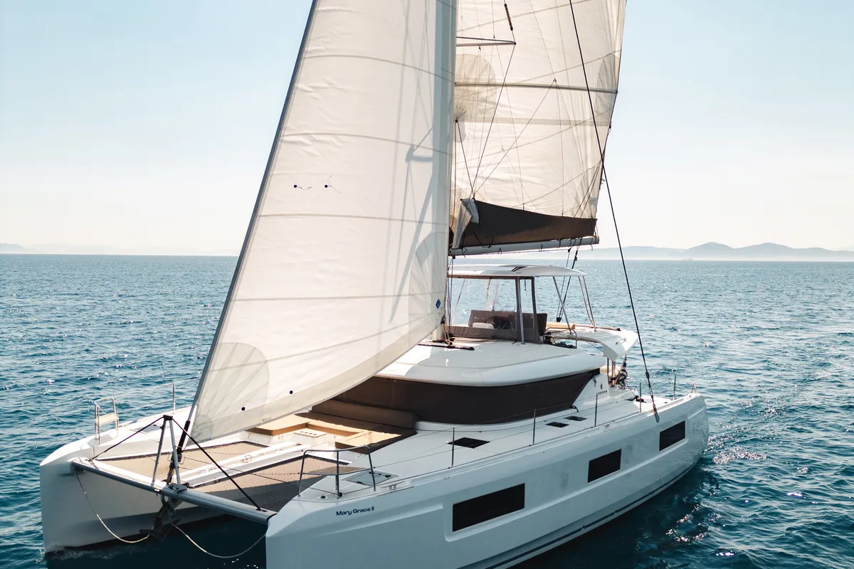 Exterior view of Mary Grace II, a Lagoon 46 catamaran at Athens, Greece
