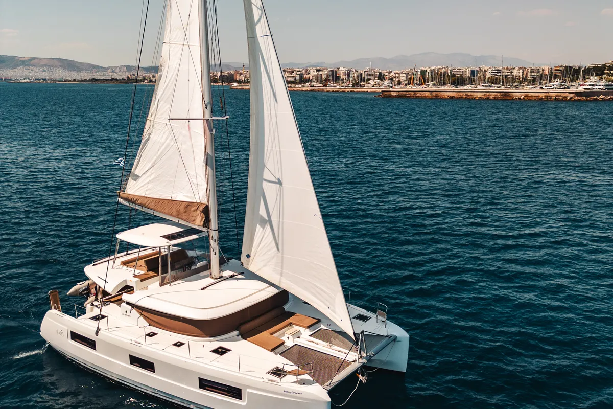 Exterior view of Mary Grace II, a Lagoon 46 catamaran at Athens, Greece
