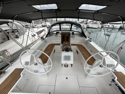 Cockpit of Semeli, a Bavaria Cruiser 46 Style sailboat at Kos, Greece