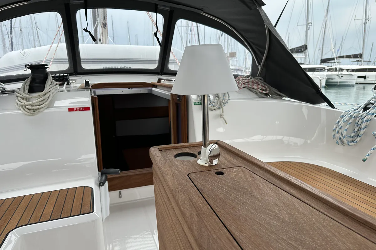 Deck of Semeli, a Bavaria Cruiser 46 Style sailboat at Kos, Greece
