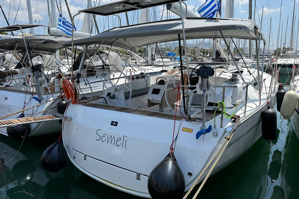 Exterior view of Semeli, a Bavaria Cruiser 46 Style sailboat at Kos, Greece