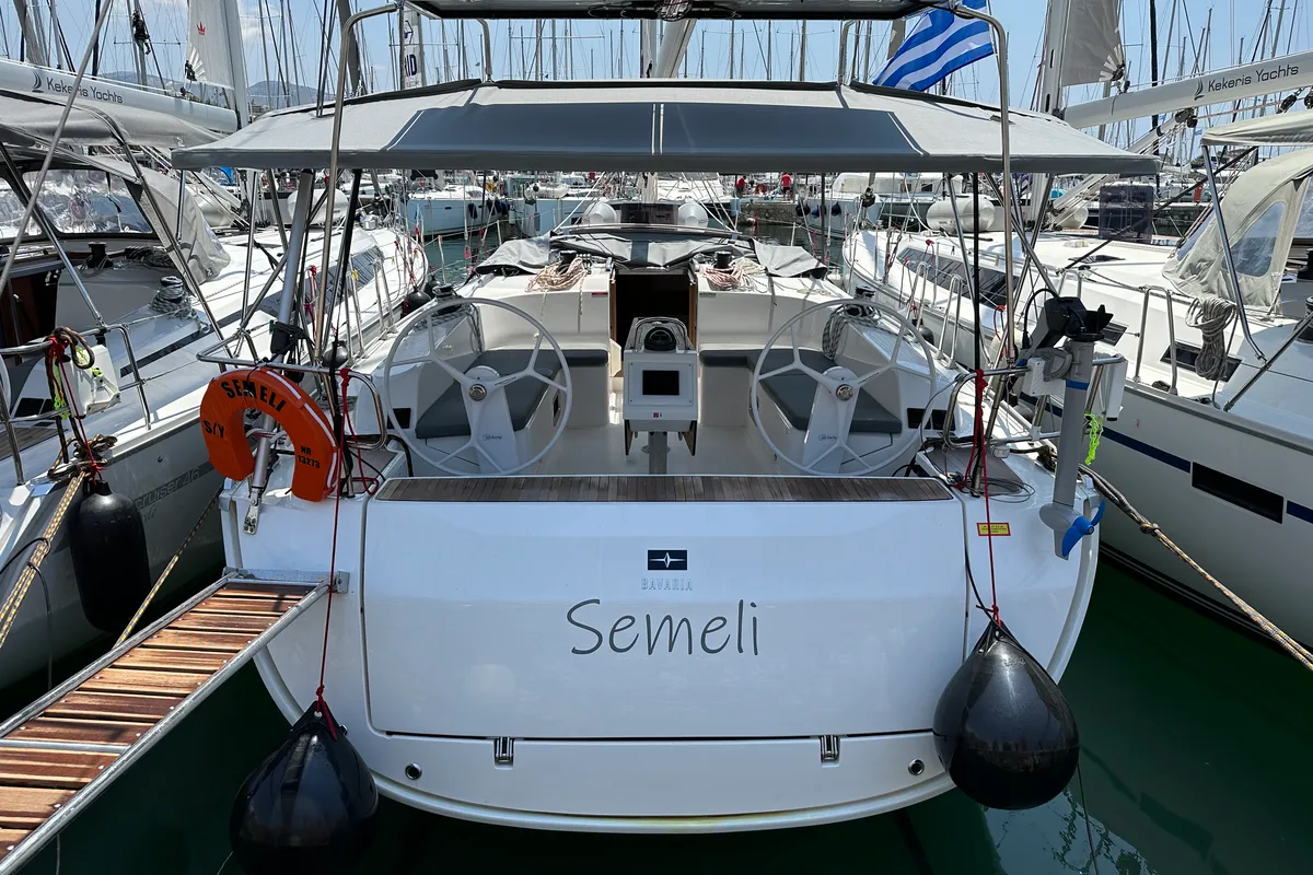 Exterior view of Semeli, a Bavaria Cruiser 46 Style sailboat at Kos, Greece