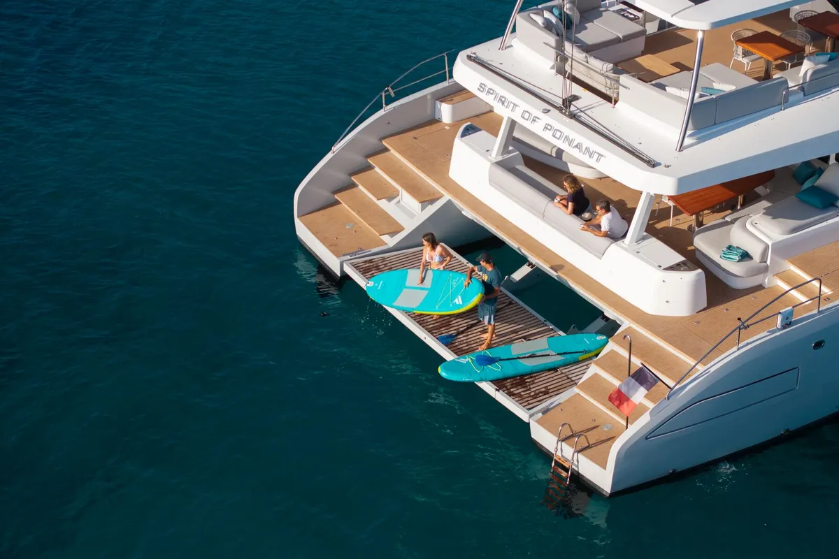 Exterior view of Spirit of Ponant, a Lagoon Seventy 7 catamaran at Roche Caiman, Seychelles