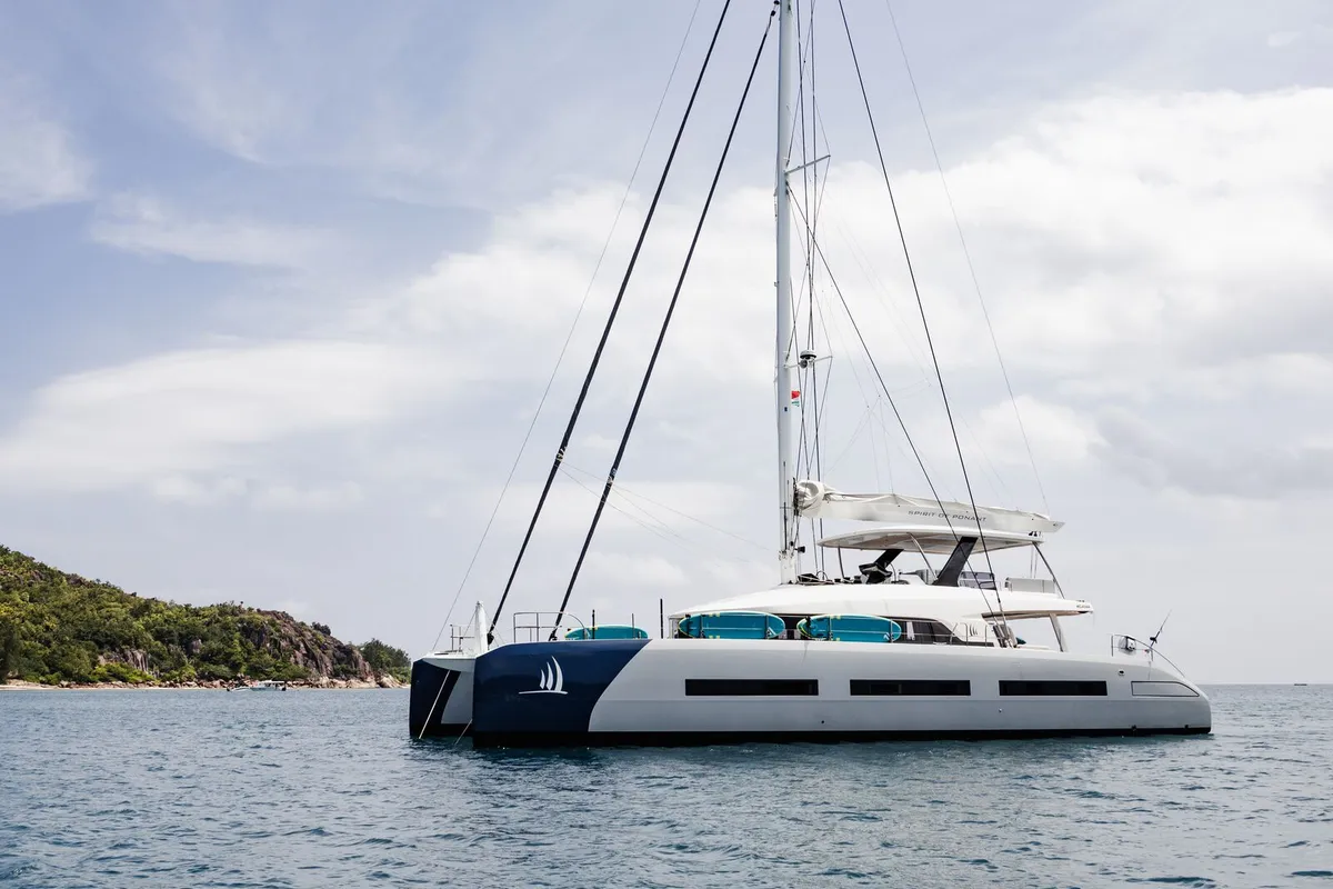 Exterior view of Spirit of Ponant, a Lagoon Seventy 7 catamaran at Roche Caiman, Seychelles
