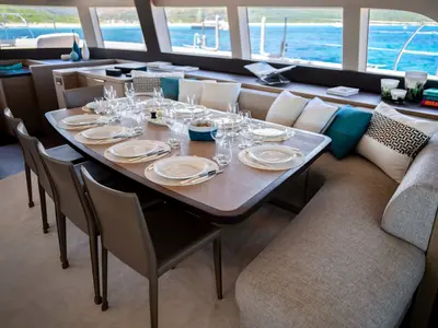 Salon of Spirit of Ponant, a Lagoon Seventy 7 catamaran at Roche Caiman, Seychelles