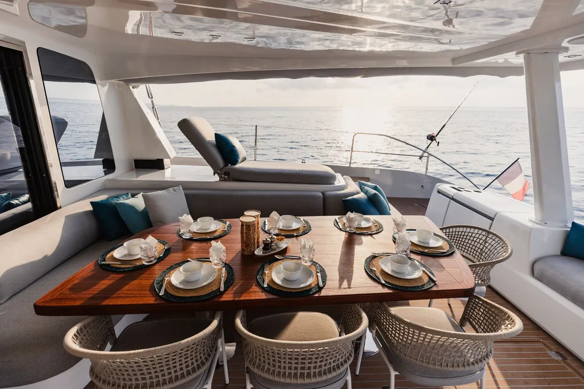 Deck of Spirit of Ponant, a Lagoon Seventy 7 catamaran at Roche Caiman, Seychelles