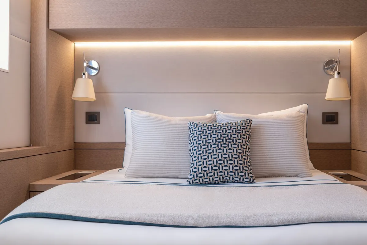 Cabin on Spirit of Ponant, a Lagoon Seventy 7 catamaran at Roche Caiman, Seychelles