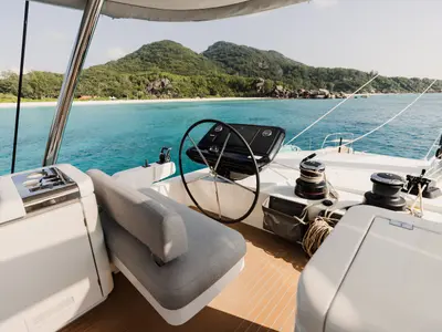 Cockpit of Spirit of Ponant, a Lagoon Seventy 7 catamaran at Roche Caiman, Seychelles