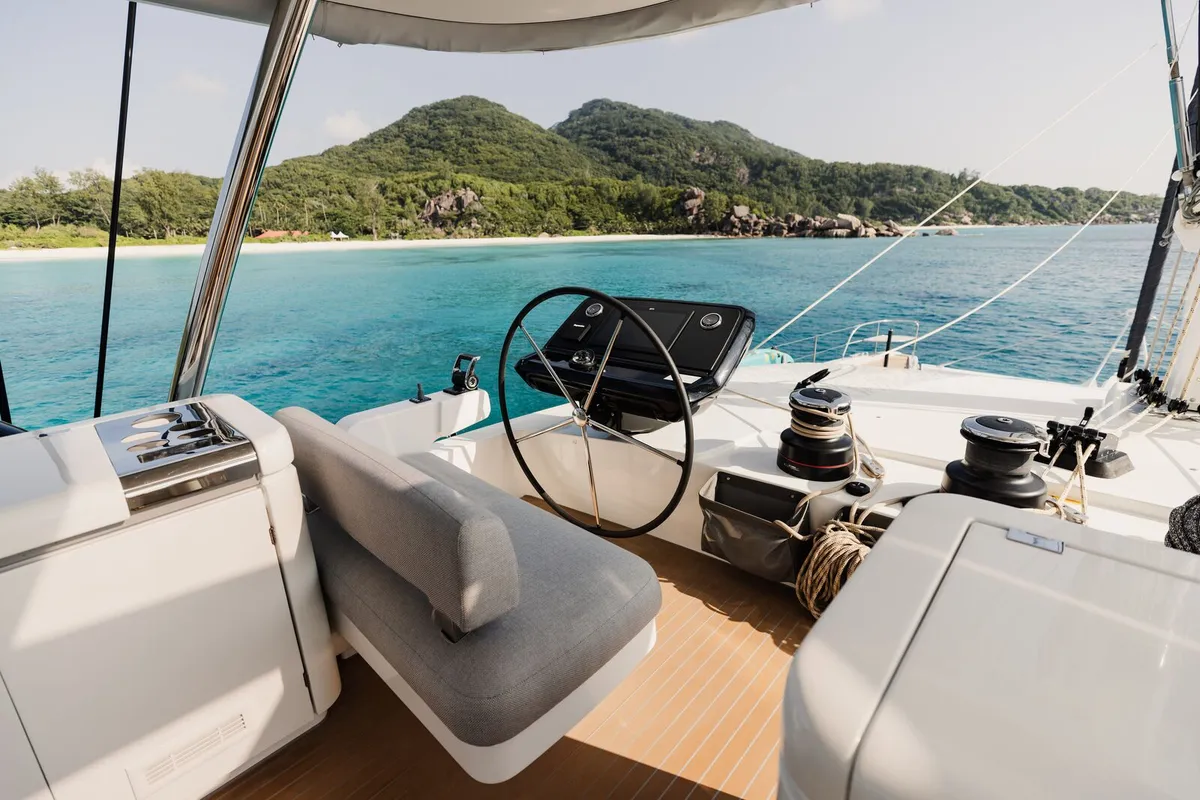Cockpit of Spirit of Ponant, a Lagoon Seventy 7 catamaran at Roche Caiman, Seychelles