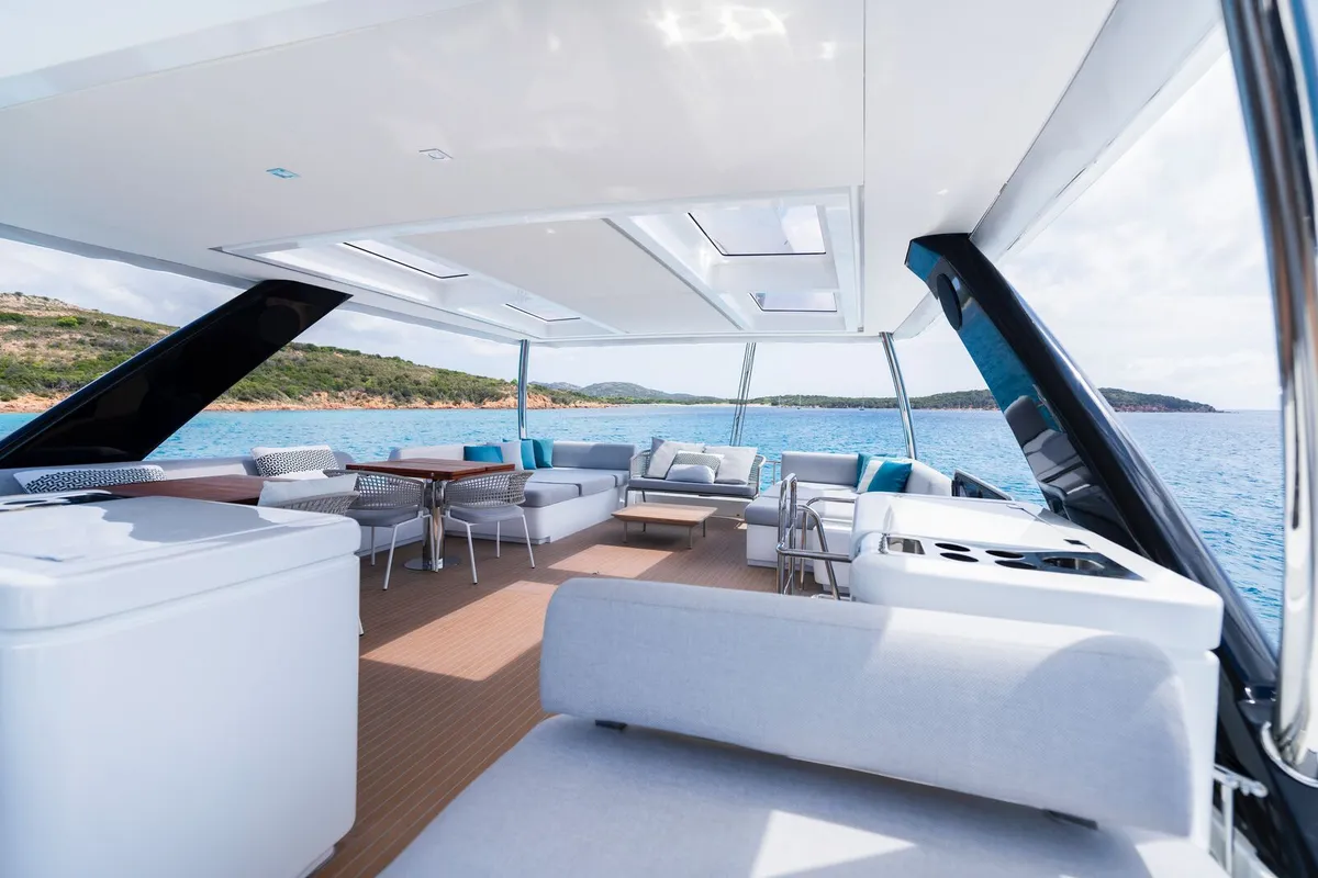 Deck of Spirit of Ponant, a Lagoon Seventy 7 catamaran at Roche Caiman, Seychelles