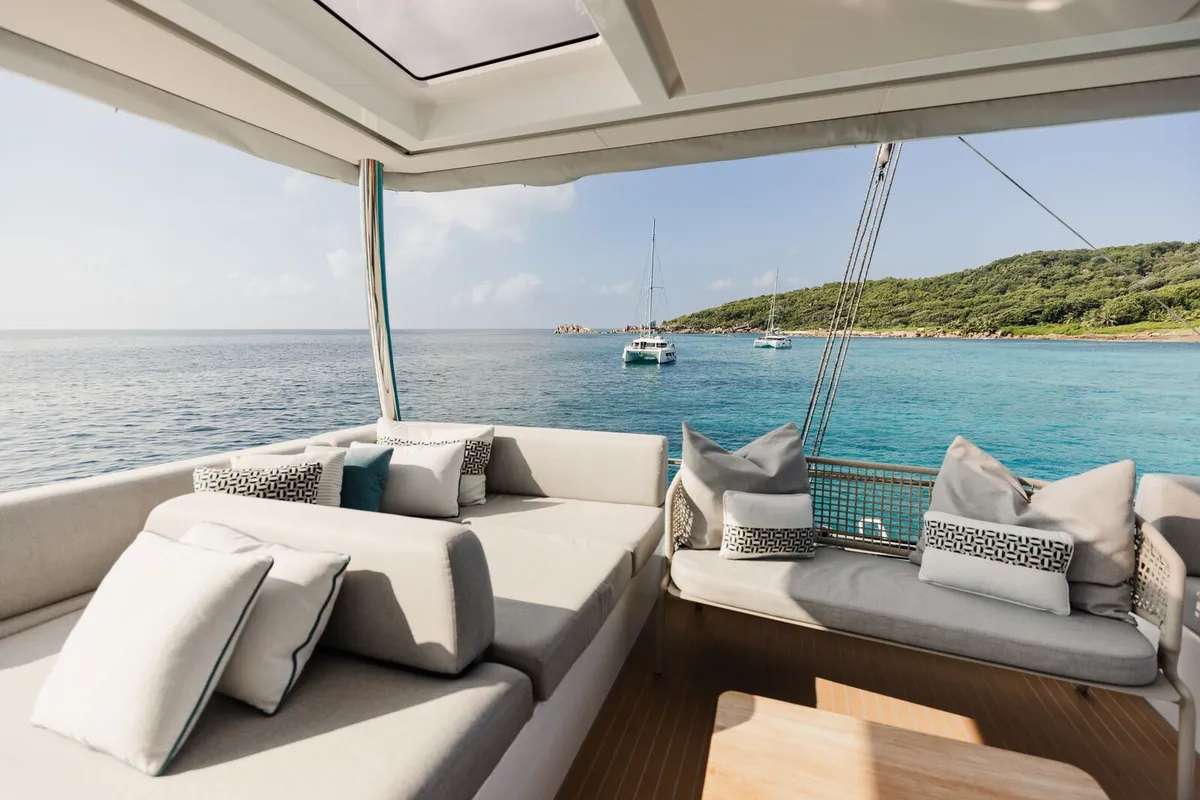 Deck of Spirit of Ponant, a Lagoon Seventy 7 catamaran at Roche Caiman, Seychelles