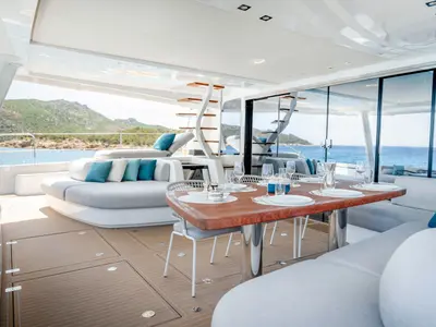 Deck of Spirit of Ponant, a Lagoon Seventy 7 catamaran at Roche Caiman, Seychelles