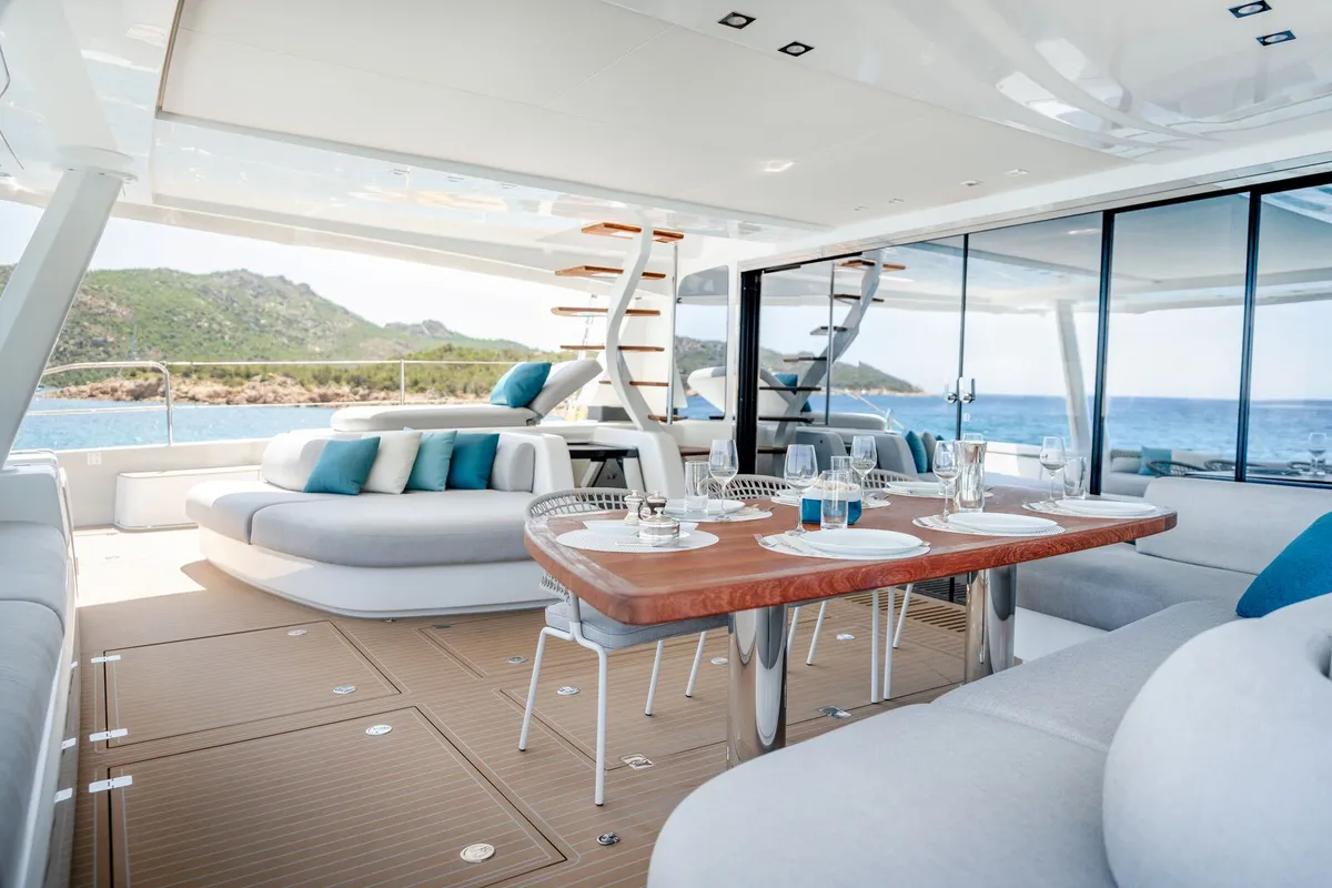 Deck of Spirit of Ponant, a Lagoon Seventy 7 catamaran at Roche Caiman, Seychelles