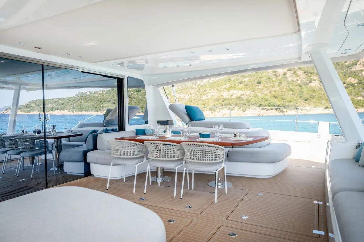 Deck of Spirit of Ponant, a Lagoon Seventy 7 catamaran at Roche Caiman, Seychelles
