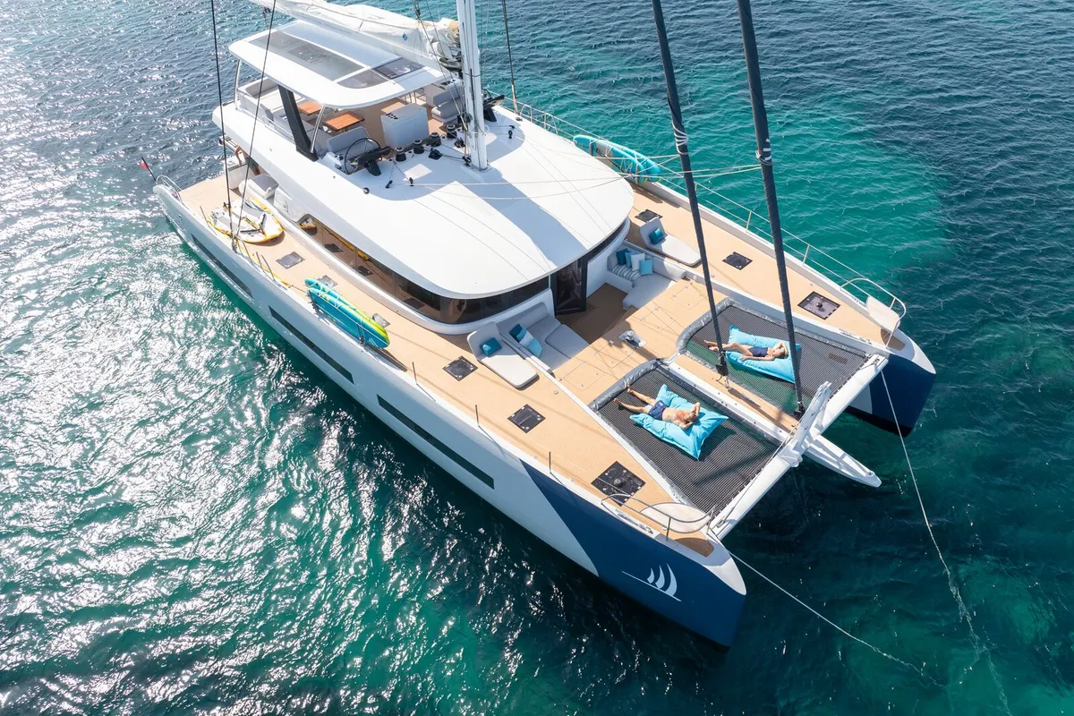 Exterior view of Spirit of Ponant, a Lagoon Seventy 7 catamaran at Roche Caiman, Seychelles