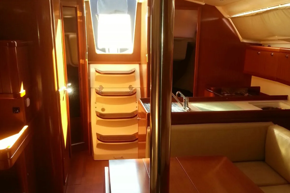 Salon of Romantica, a Beneteau Oceanis 37 sailboat at Piombino, Italy