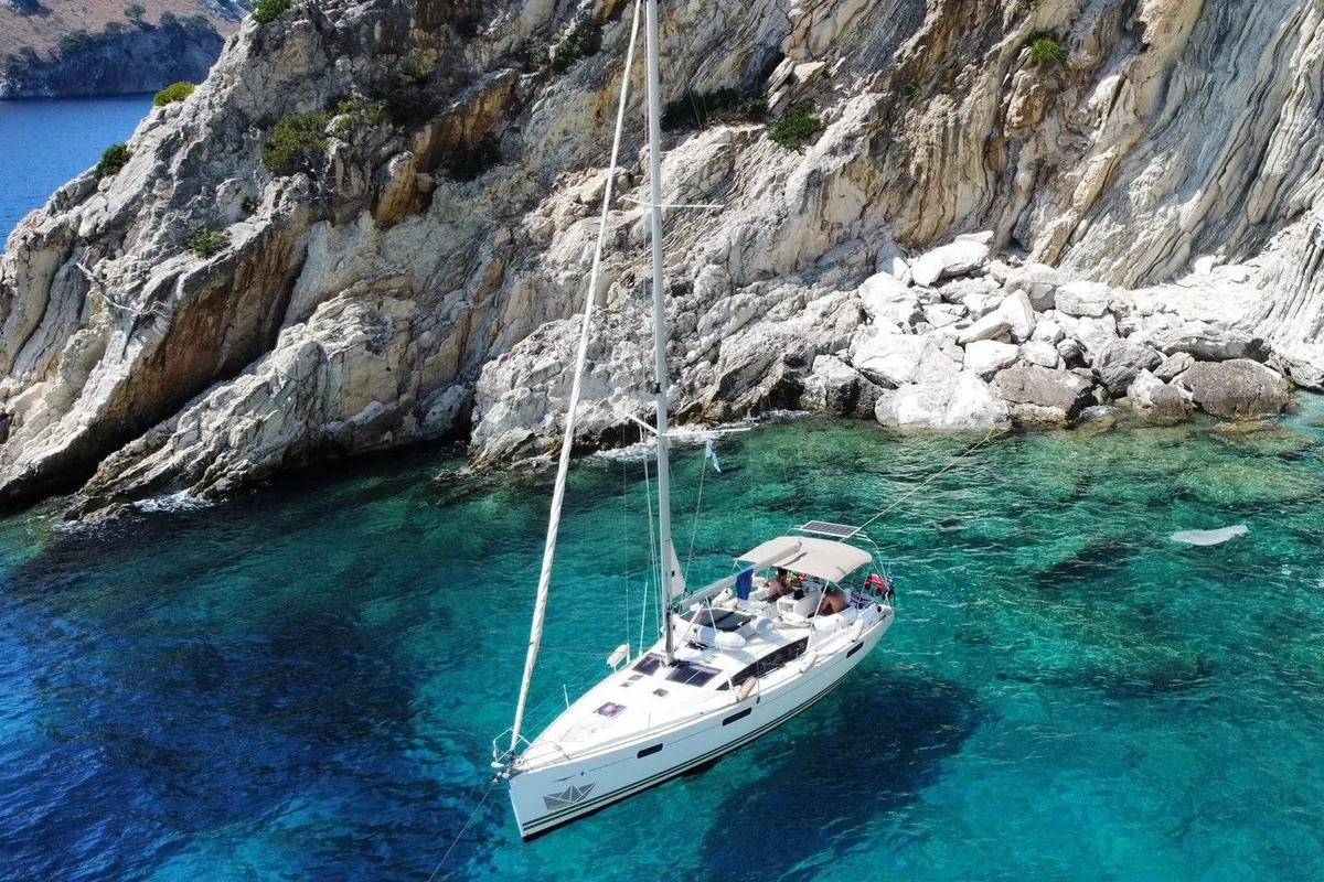 Exterior view of Sweet Alis, a Jeanneau Sun Odyssey 42DS sailboat at Municipal Unit of Lefkada, Greece