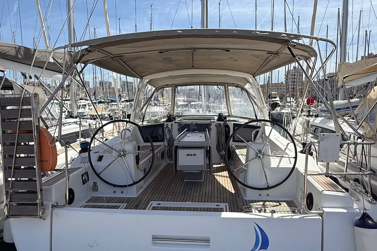 Cockpit of Magdalena, a Beneteau Oceanis 41.1 sailboat at Marseille, France