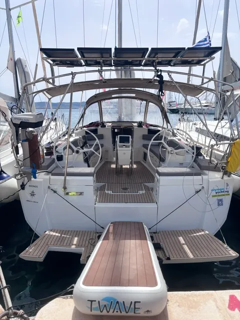 Cockpit of Kronos, a Jeanneau Sun Odyssey 449 sailboat at Lavreotiki Municipal Unit, Greece