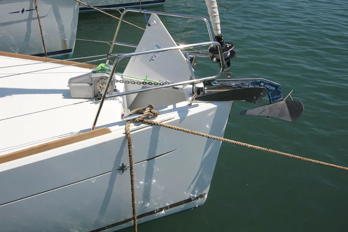 Exterior view of Kronos, a Jeanneau Sun Odyssey 449 sailboat at Lavreotiki Municipal Unit, Greece