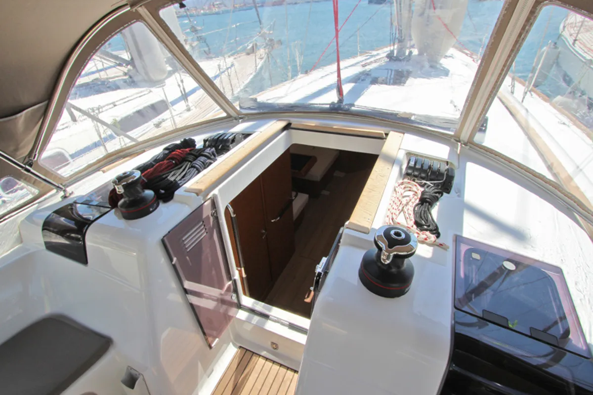 Cockpit of Kronos, a Jeanneau Sun Odyssey 449 sailboat at Lavreotiki Municipal Unit, Greece