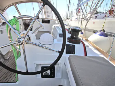 Cockpit of Kronos, a Jeanneau Sun Odyssey 449 sailboat at Lavreotiki Municipal Unit, Greece