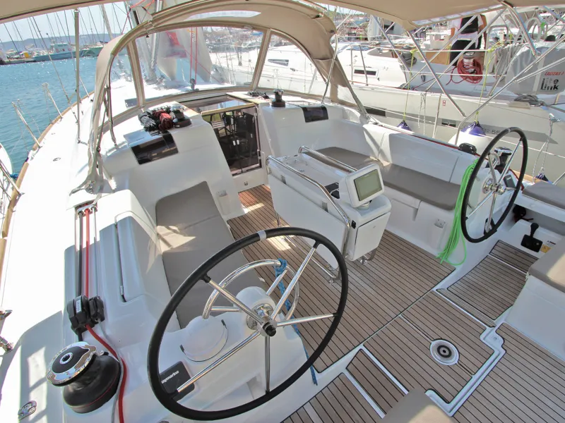 Cockpit of Kronos, a Jeanneau Sun Odyssey 449 sailboat at Lavreotiki Municipal Unit, Greece