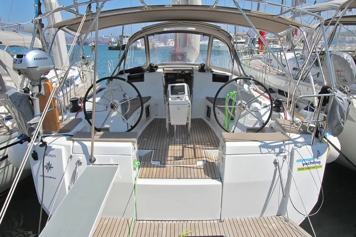 Exterior view of Kronos, a Jeanneau Sun Odyssey 449 sailboat at Lavreotiki Municipal Unit, Greece