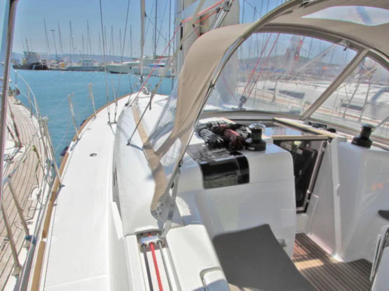 Deck of Kronos, a Jeanneau Sun Odyssey 449 sailboat at Lavreotiki Municipal Unit, Greece
