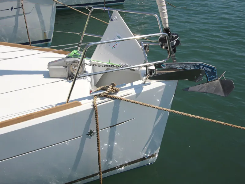 Exterior view of Kronos, a Jeanneau Sun Odyssey 449 sailboat at Lavreotiki Municipal Unit, Greece