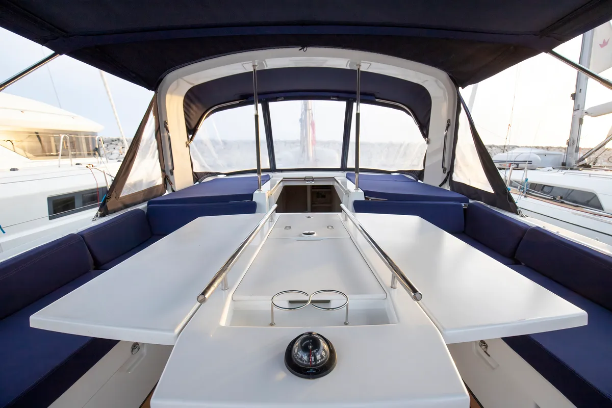 Cockpit of Tyche, a Beneteau Oceanis 46.1 sailboat at Rosignano Solvay, Italy